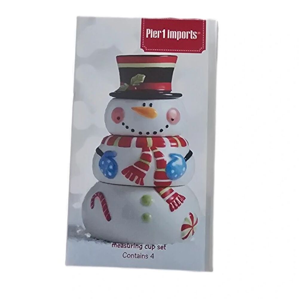 Pier 1 Imports Ceramic Stacking Snowman Measuring Cup Set (a 4-piece set)